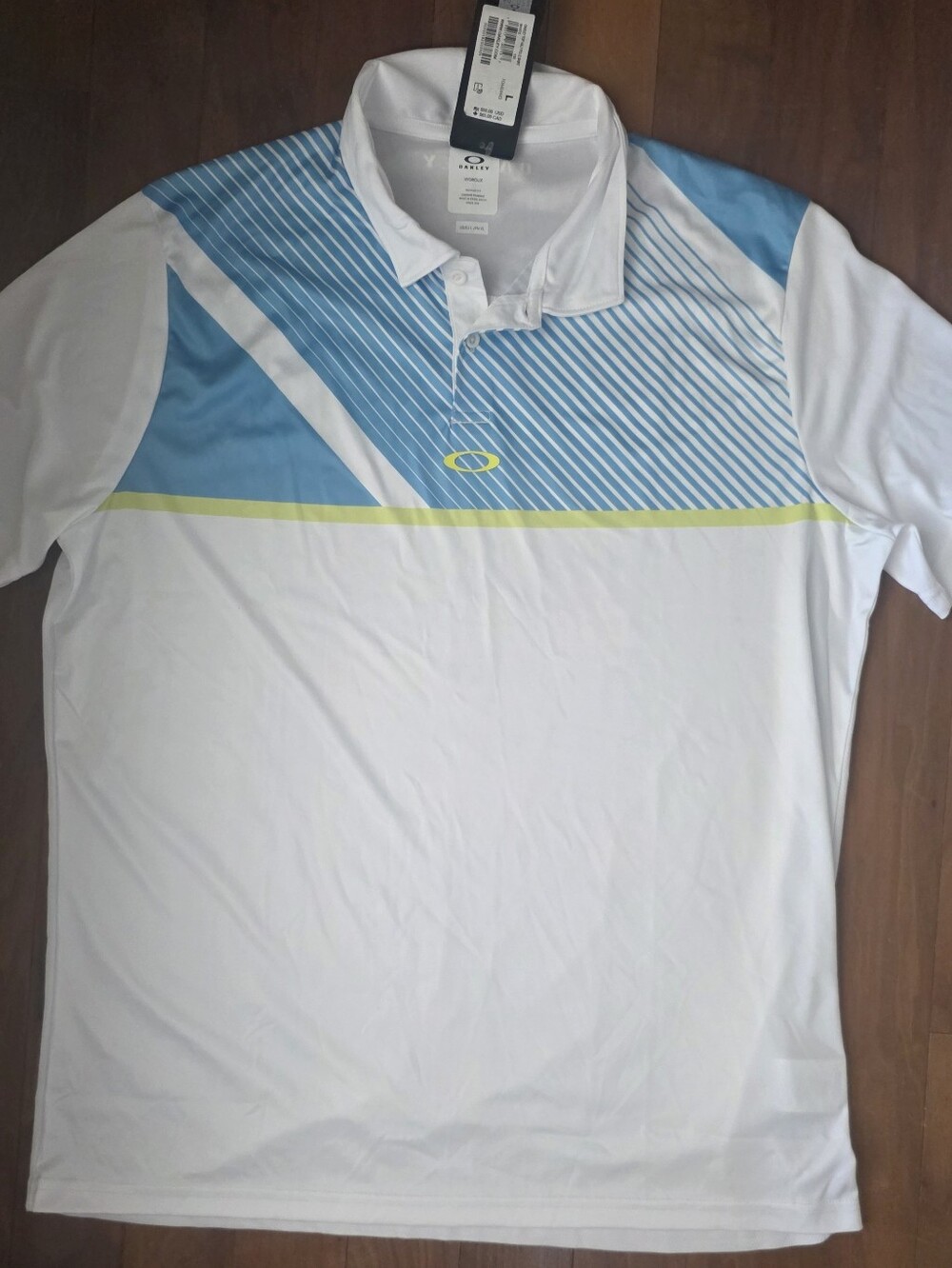 Oakley White Polo with Light Blue and Neon Yellow Stripe NWT